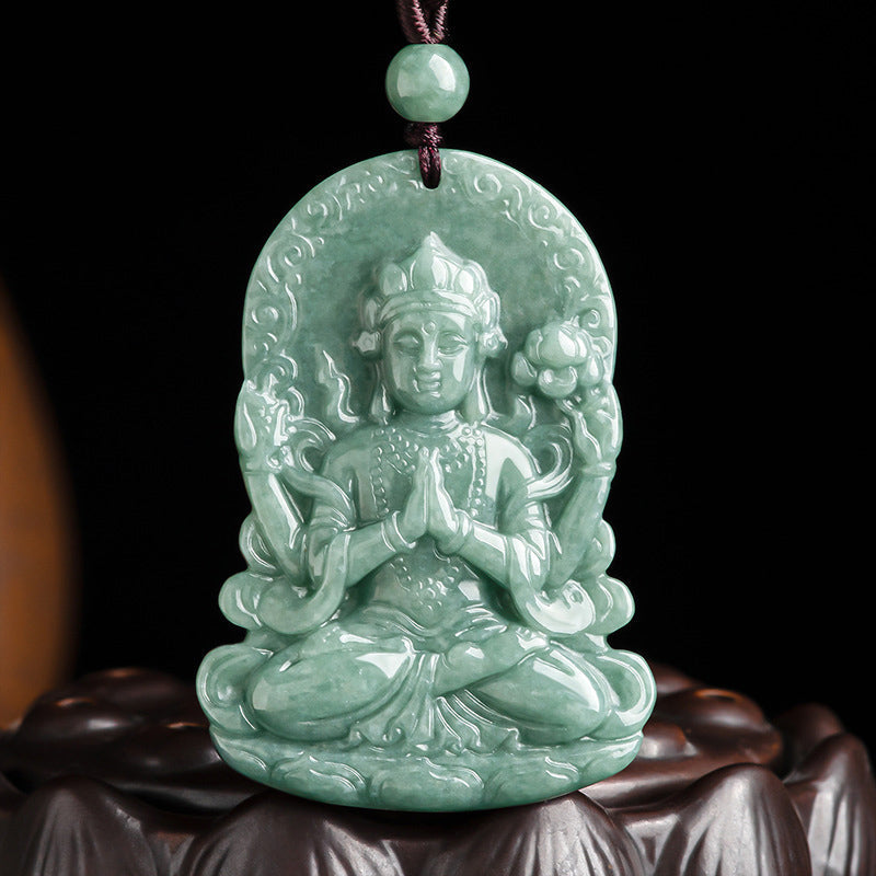 Nimara Ritual Four-armed Avalokitesvara Natural Jade Amulet Blessing String Necklace