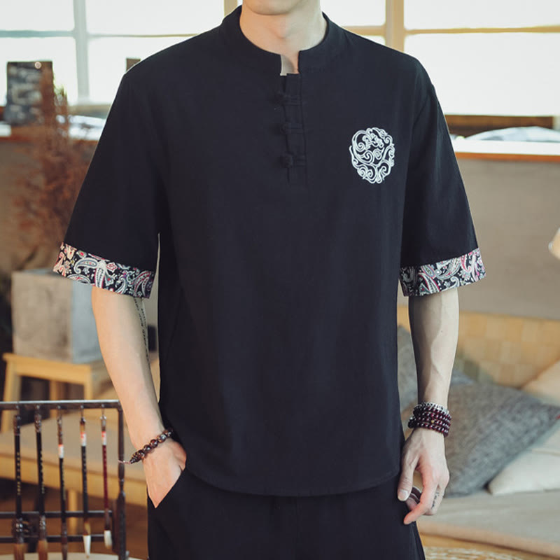 Nimara Ritual Frog-Button Dragon Embroidery Chinese Tang Suit Short Sleeve Shirt Men Clothing