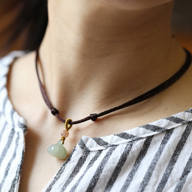 Nimara Ritual Natural Round Jade Peace Buckle Lotus Abundance String Necklace Pendant
