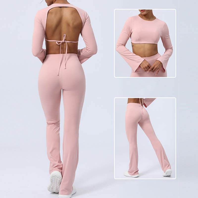 Nimara Ritual Long Sleeve Backless Strap Top Bra Flare Pants Fitness Yoga Outfit