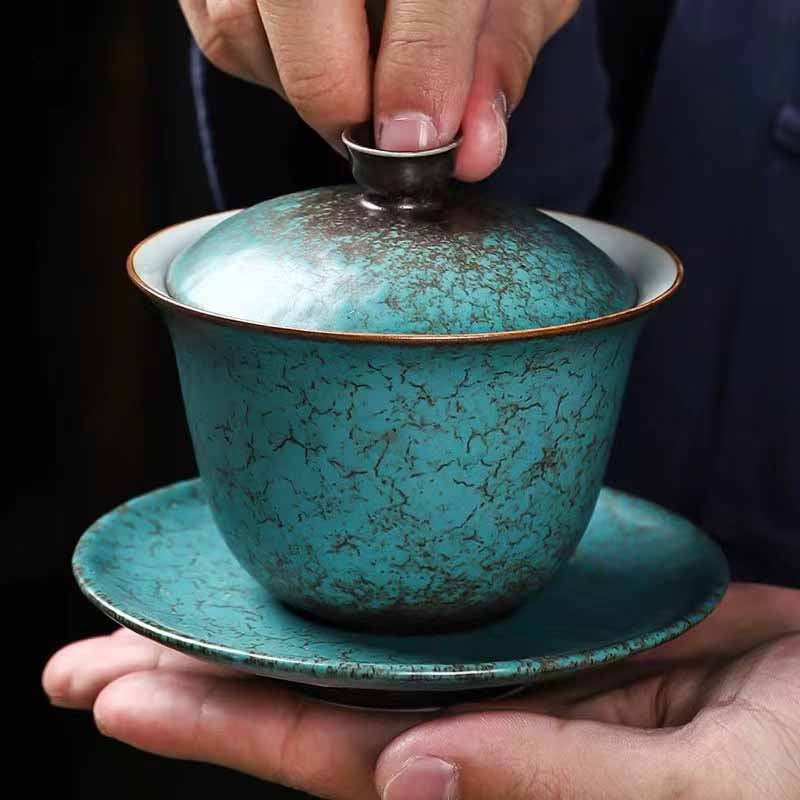 Nimara Ritual Traditional Pine Tree Green Ceramic Gaiwan Sancai Teacup Kung Fu Tea Cup And Saucer With Lid