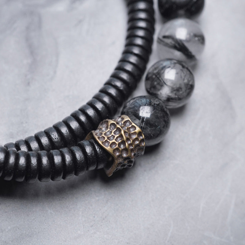 Nimara Ritual Black Rutilated Quartz Ebony Wood Copper Wisdom Couple Bracelet