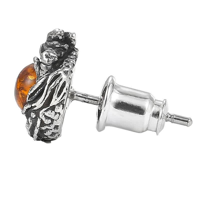 Nimara Ritual 925 Sterling Silver Natural Amber Dragon Success Protection Stud Earring