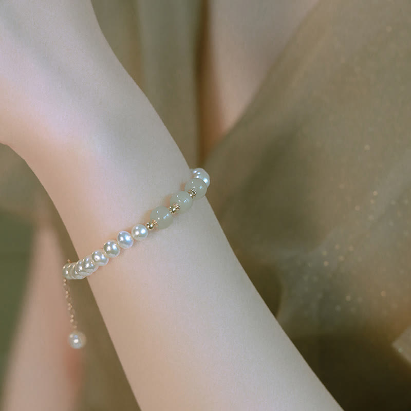 Nimara Ritual 14K Gold Plated Natural Pearl Hetian Cyan Jade White Jade Sincerity Bead Chain Bracelet