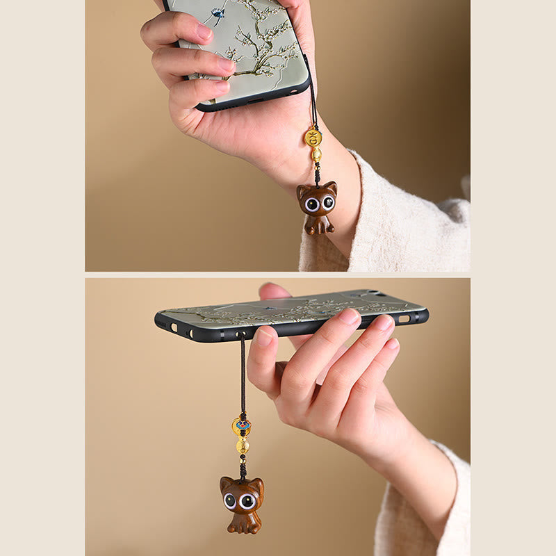 Nimara Ritual Green Sandalwood Lucky Cat Koi Fish Cure Key Chain Phone Hanging Decoration