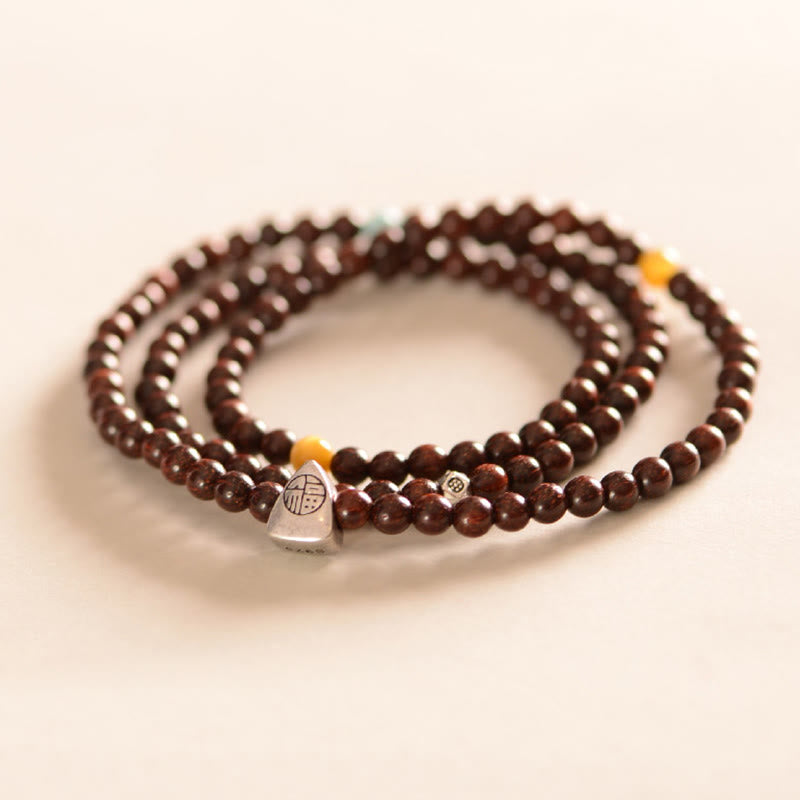 Nimara Ritual 925 Sterling Silver Indian Small Leaf Red Sandalwood Fu Character Protection Triple Wrap Bracelet