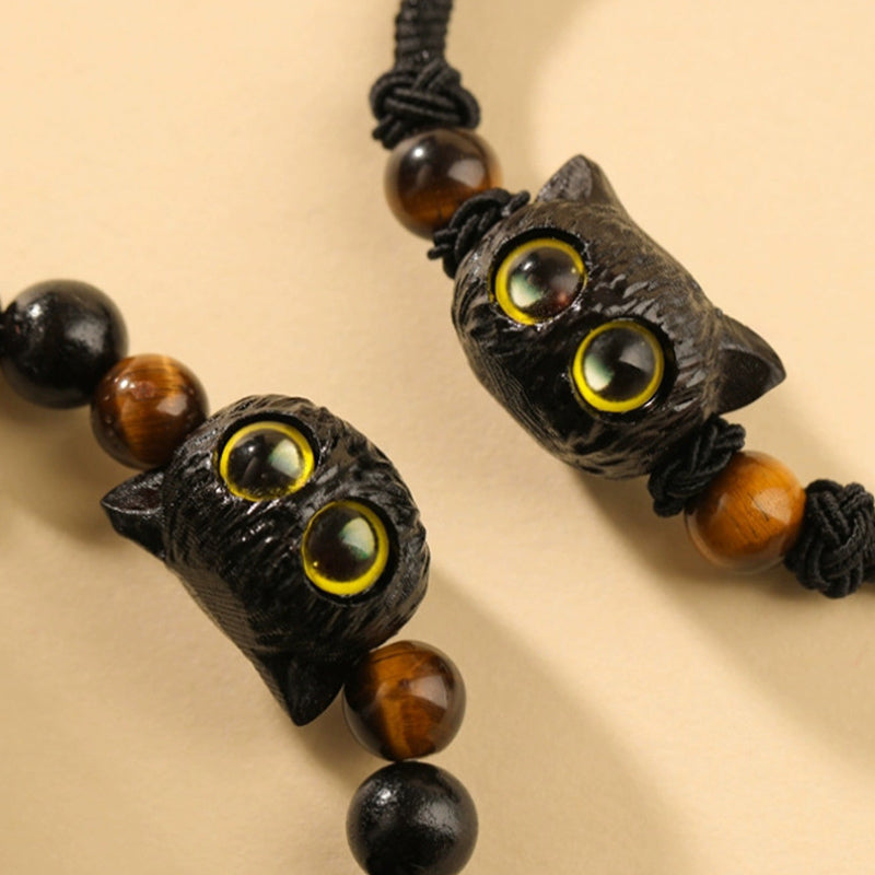 Nimara Ritual Cute Ebony Wood Cat Head Pattern Peace Bracelet