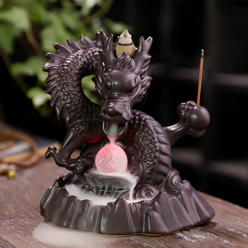 Nimara Ritual Auspicious Dragon Ceramic Backflow Smoke Fountain Meditation Healing Incense Burner Led Ball Decoration