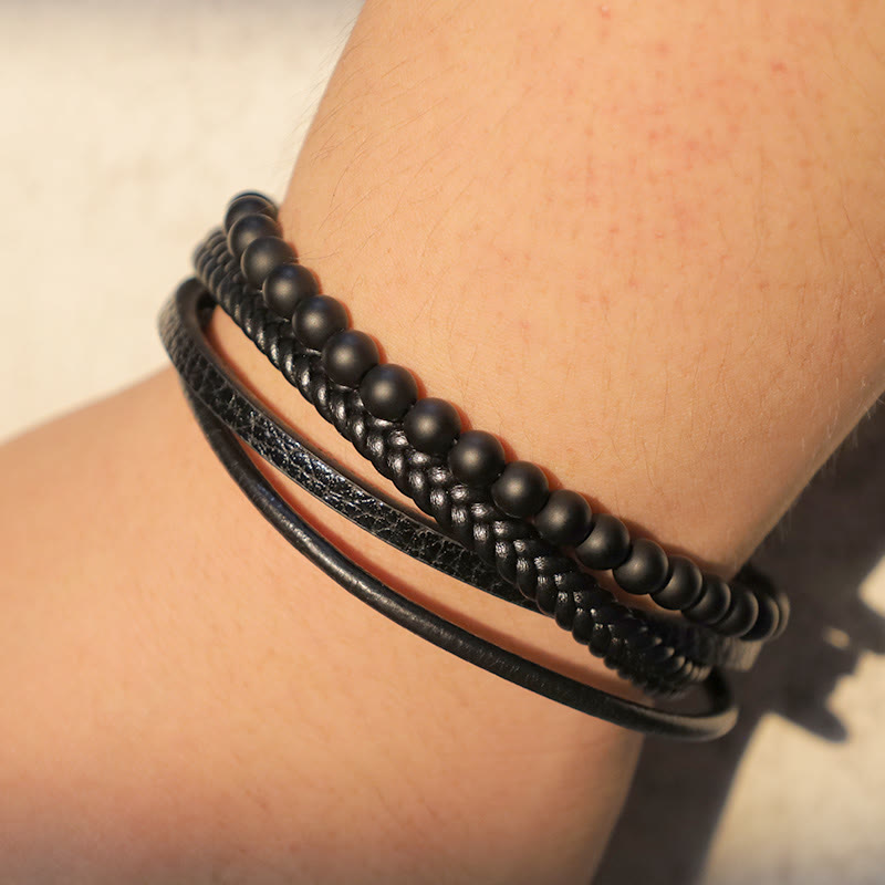 Nimara Ritual Natural Lava Rock Black Onyx Bead Leather Bracelet