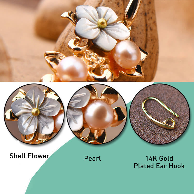 Nimara Ritual 14K Gold Plated Tridacna Stone Flower Pearl Green Aventurine Bead Drop Earrings