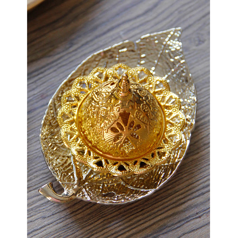 Nimara Ritual Tibetan Gold Mini Leaf Coaster Meditation Incense Burner