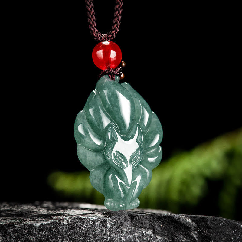 Nimara Ritual Natural Green Jade Nine Tailed Fox Luck Necklace Pendant