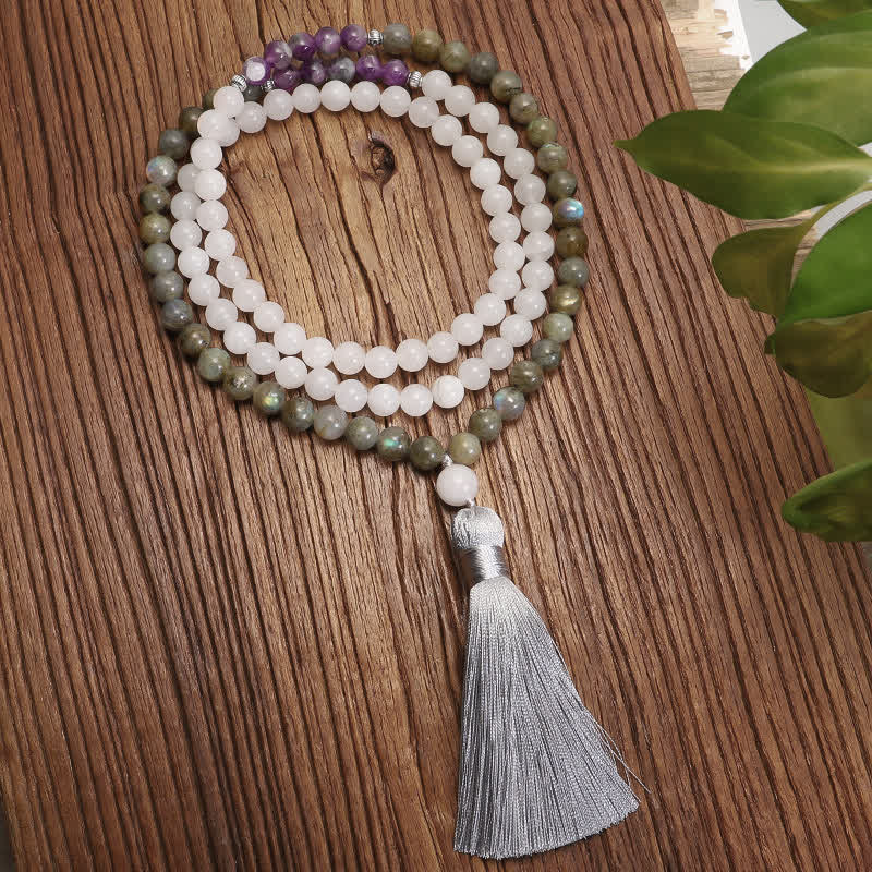 Nimara Ritual 108 Mala Beads White Agate Amethyst Black Glitter Stone Protection Bracelet