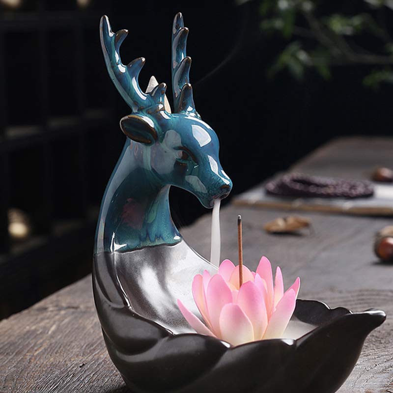 Nimara Ritual Little Deer Ceramic Lotus Meditation Incense Burner Decoration