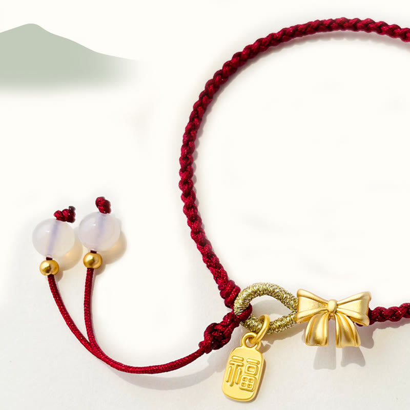 Nimara Ritual Handmade Peach Blossom Rosette Bow Knot Fu Character Charm Luck Fortune Red Rope Bracelet