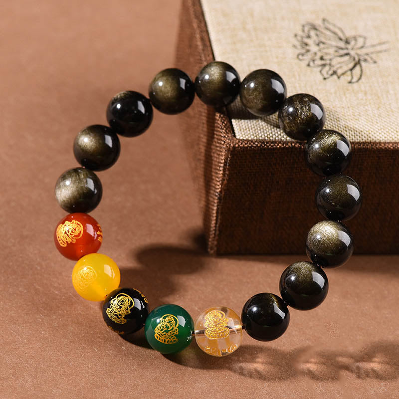 Nimara Ritual Gold Sheen Obsidian Rainbow Obsidian Black Obsidian Five Directions Gods of Wealth Bracelet