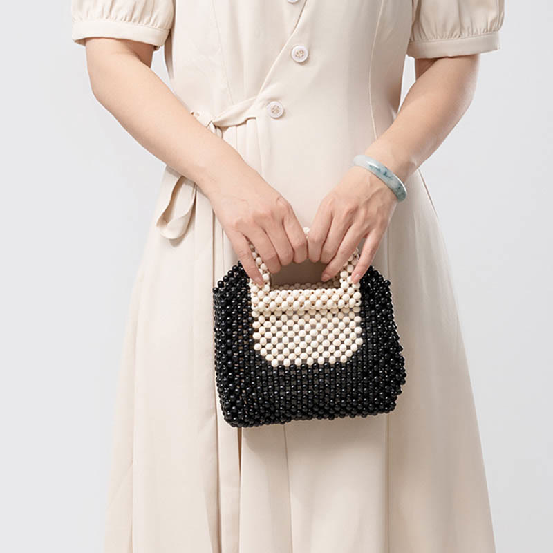 Nimara Ritual Hand-woven Wooden Beads Square Tote Handbag