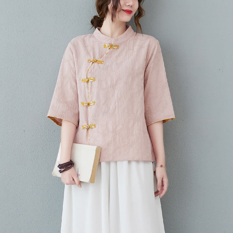 Nimara Ritual Floral Pattern Frog-Button Half Sleeve Cotton Linen Shirt