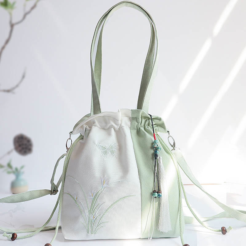 Nimara Ritual Embroidered Grass Flowers Cherry Blossom Canvas Tote Crossbody Bag Shoulder Bag Handbag