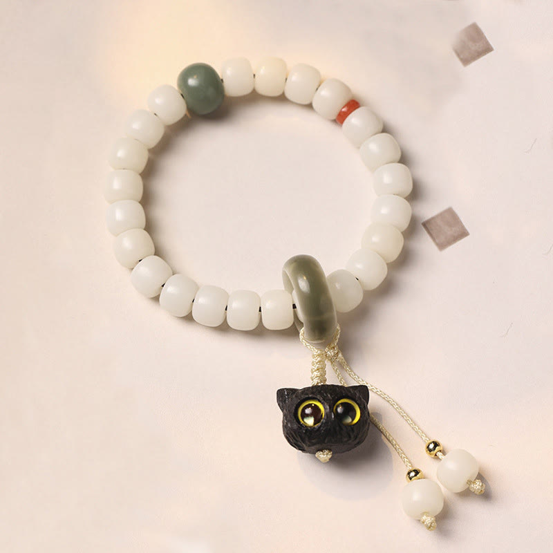 Nimara Ritual Natural Bodhi Seed African Blackwood Lovely Cat Charm Peace Harmony Bracelet