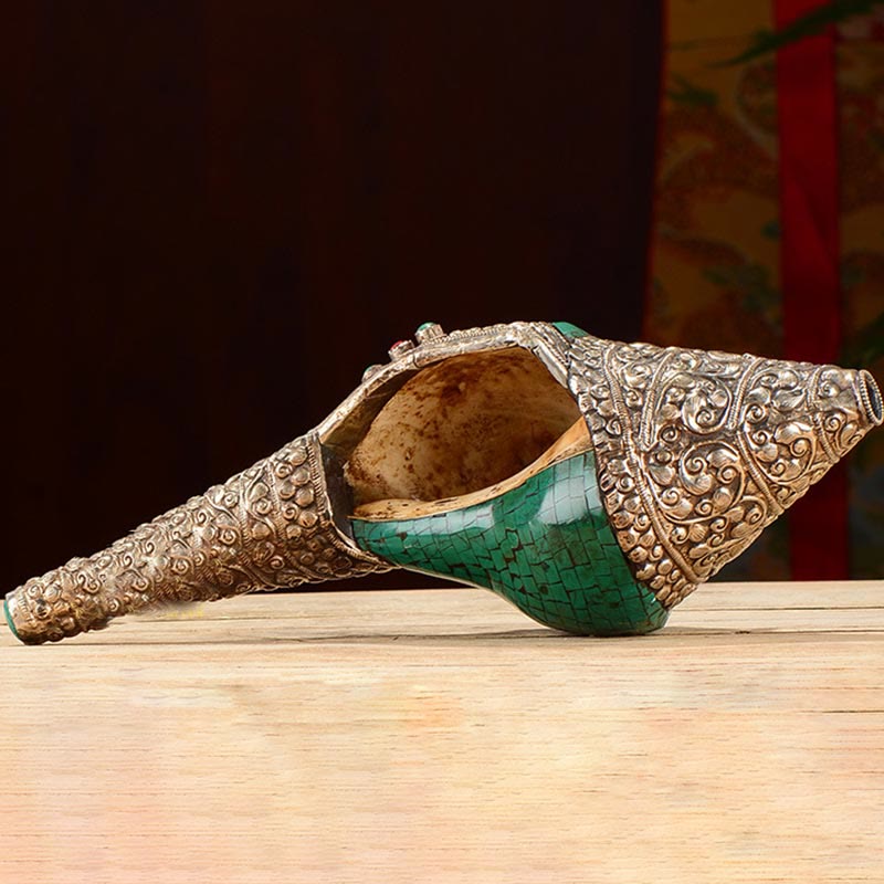 Nimara Ritual Tibetan Handmade Engraved Shankha Double Dorje Buddha Conch Shell Wealth Positive Decoration