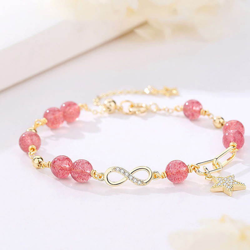 Nimara Ritual 14K Gold Plated Natural Strawberry Quartz Moonstone MAbius Loop Eternal Love Star Positive Bracelet