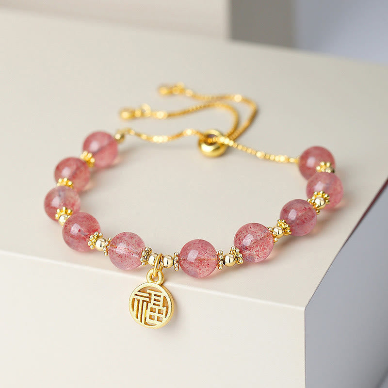 Nimara Ritual 14K Gold Plated Natural Strawberry Quartz Fu Character Positive Charm Bracelet