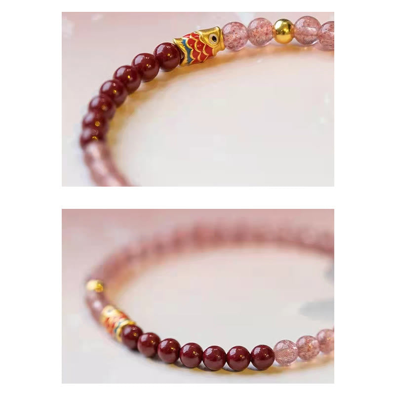 Nimara Ritual Natural Strawberry Quartz Cinnabar Lucky Koi Fish Healing Bracelet