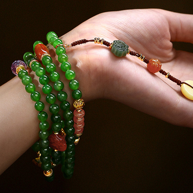 Nimara Ritual 108 Mala Beads Cyan Jade Red Agate Laughing Buddha Luck Bracelet