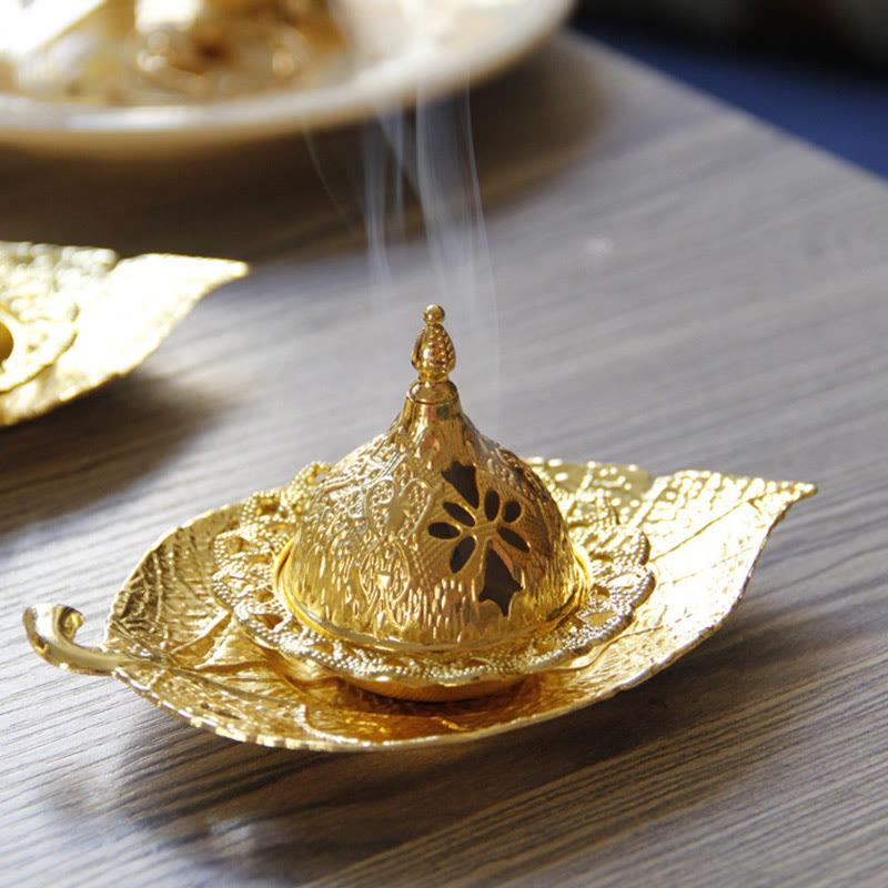 Nimara Ritual Tibetan Gold Mini Leaf Coaster Meditation Incense Burner