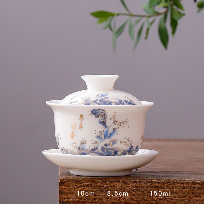 Nimara Ritual White Porcelain Mountain Landscape Countryside Ceramic Gaiwan Teacup Kung Fu Tea Cup And Saucer With Lid