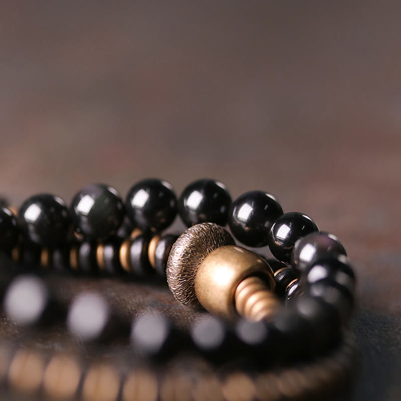 Nimara Ritual Rainbow Obsidian Ebony Wood Copper Healing Triple Wrap Bracelet