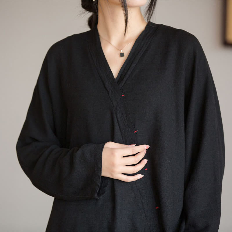 Nimara Ritual V-Neck Blouse Women Shirt Long Sleeve Top Chinese Hanfu Style Clothing