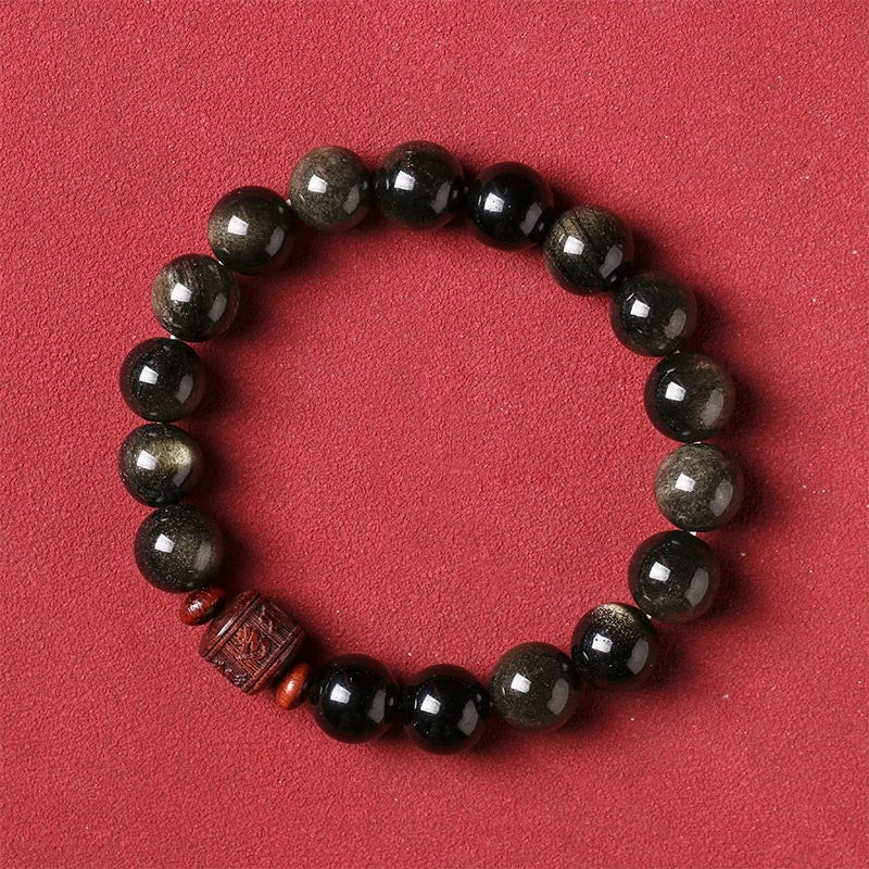Nimara Ritual Natural Gold Sheen Obsidian Rainbow Obsidian Om Mani Padme Hum Fu Character Healing Bracelet