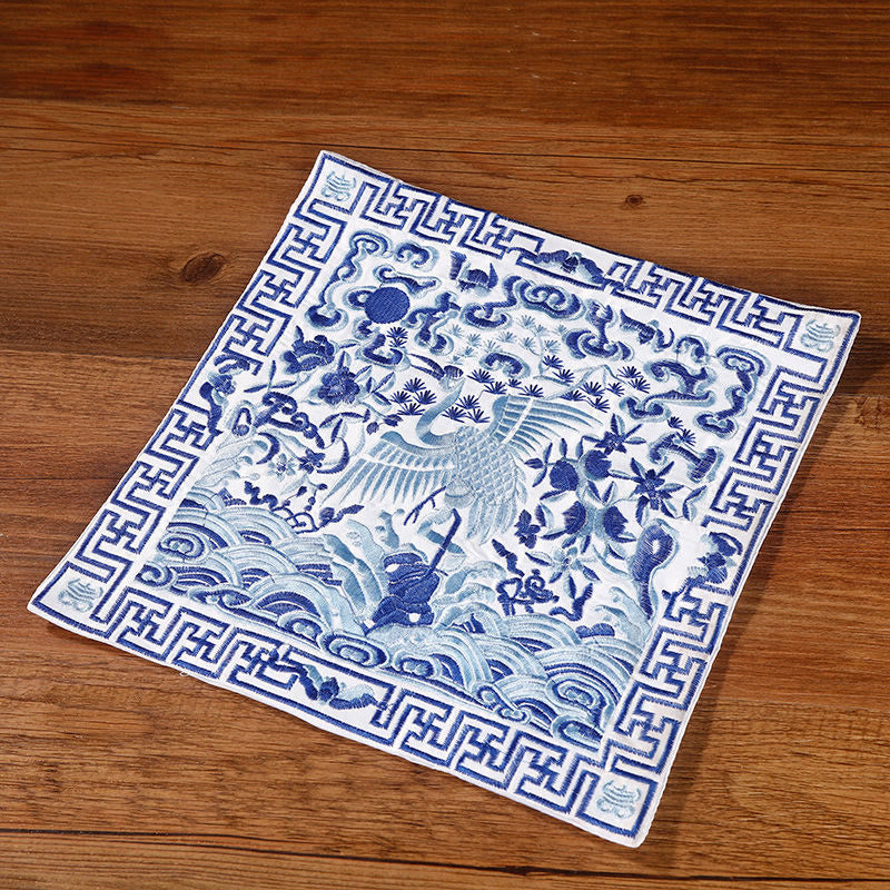 Nimara Ritual Crane Phoenix Dragon Kirin Embroidered Cup Mat Pad Tea Cup Coaster Square Kung Fu Tea Mat