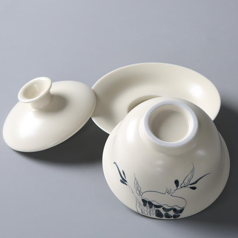 Nimara Ritual Hand Painted Pomegranate Hibiscus Pine Lotus Ceramic Gaiwan Sancai Teacup Kung Fu Tea Cup And Saucer With Lid