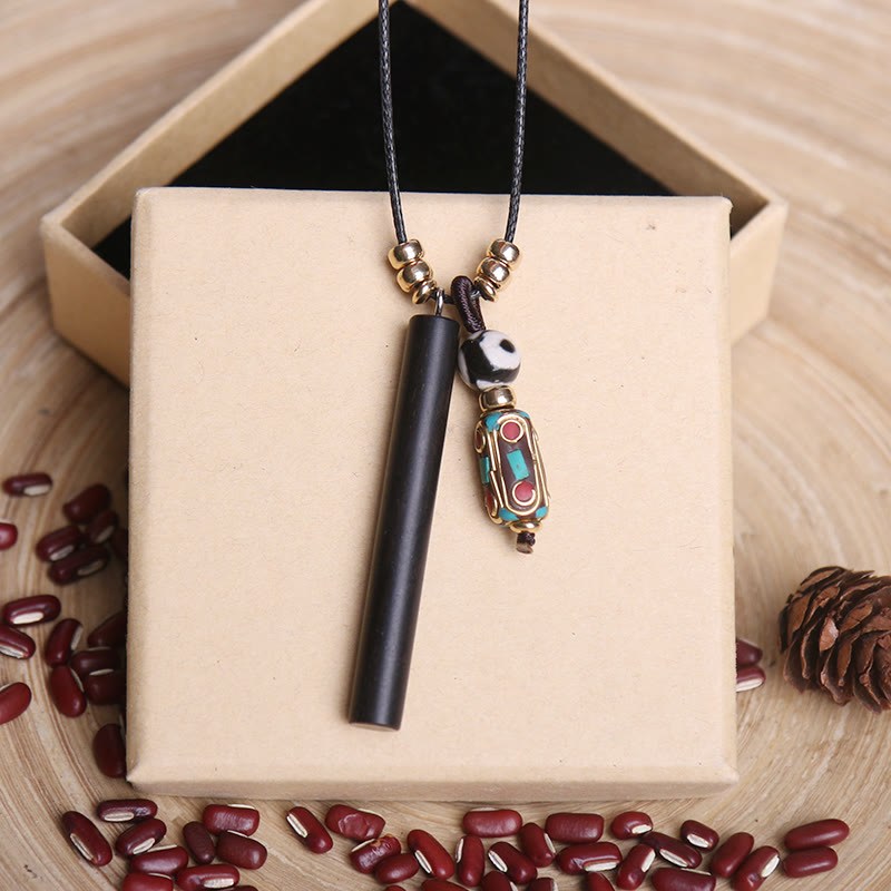 Nimara Ritual Tibetan Ebony Wood Dzi Bead Peace Calm Necklace Pendant