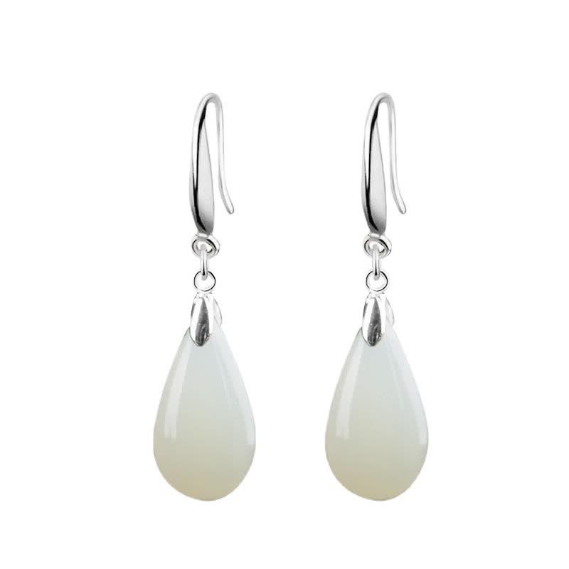 Nimara Ritual Hetian White Jade Water Drop Luck Blessing Dangle Earrings