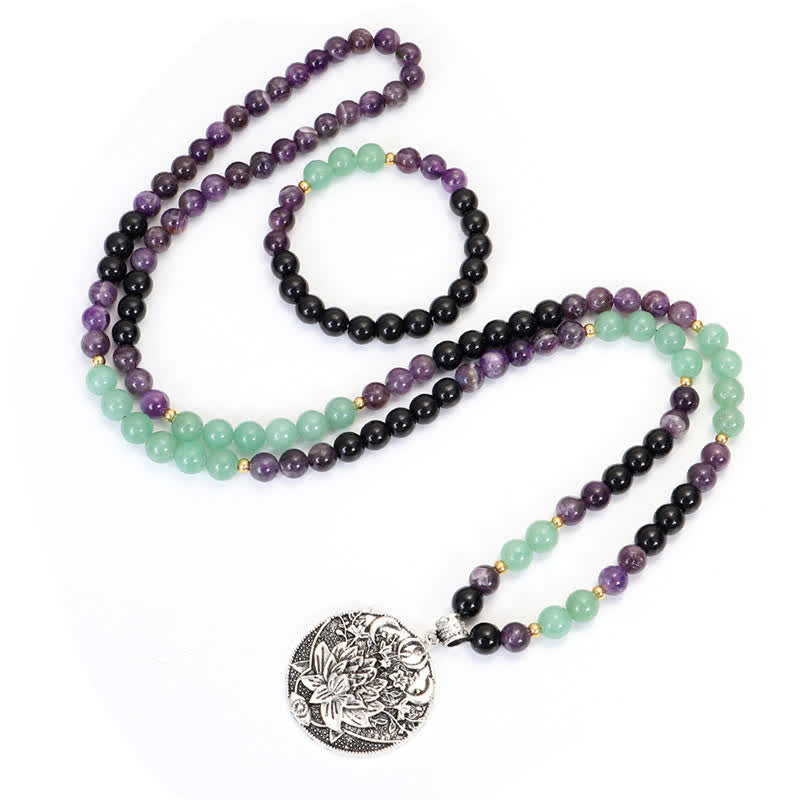 Nimara Ritual 108 Mala Beads Amethyst Green Aventurine Lotus Meditation Bracelet