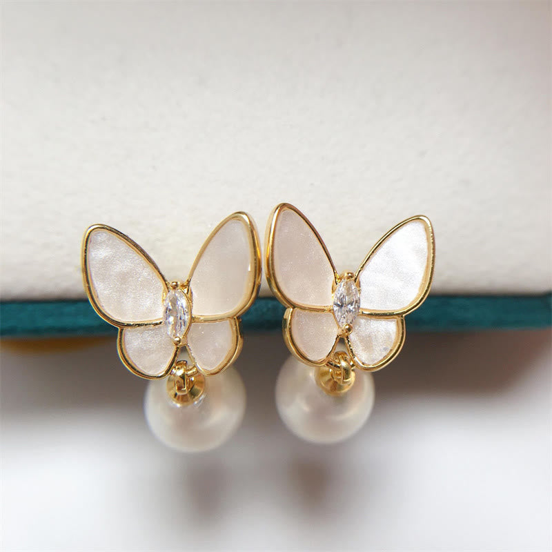 Nimara Ritual 925 Sterling Silver Posts 18K Gold Plated Copper Pearl Butterfly Optimism Stud Earrings