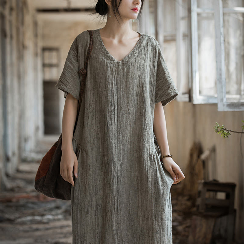 Nimara Ritual Handmade Tie Dye V-Neck Midi Dress Linen Short Sleeve Dress