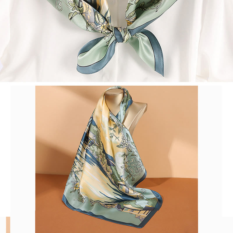 Nimara Ritual Pastoral Scene Hot Air Balloon Spring Blossom 100% Mulberry Silk Neck Hair Scarf