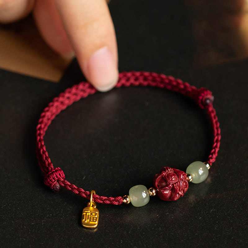 Nimara Ritual Natural Cinnabar Chinese Zodiac Hetian Jade Fu Character Luck Rope Bracelet