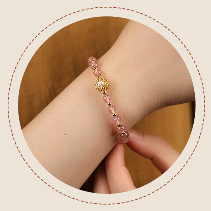 Nimara Ritual 14K Gold Plated Natural Strawberry Quartz Labradorite Sun Stone Fu Character Positive Charm Bracelet
