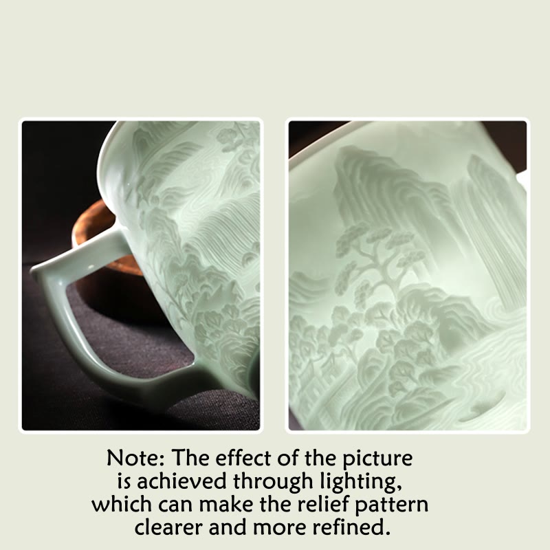 Nimara Ritual Jingdezhen White Porcelain Handmade Great Wall Landscape Engraved Ceramic Teacup Office Mug Tea Cups