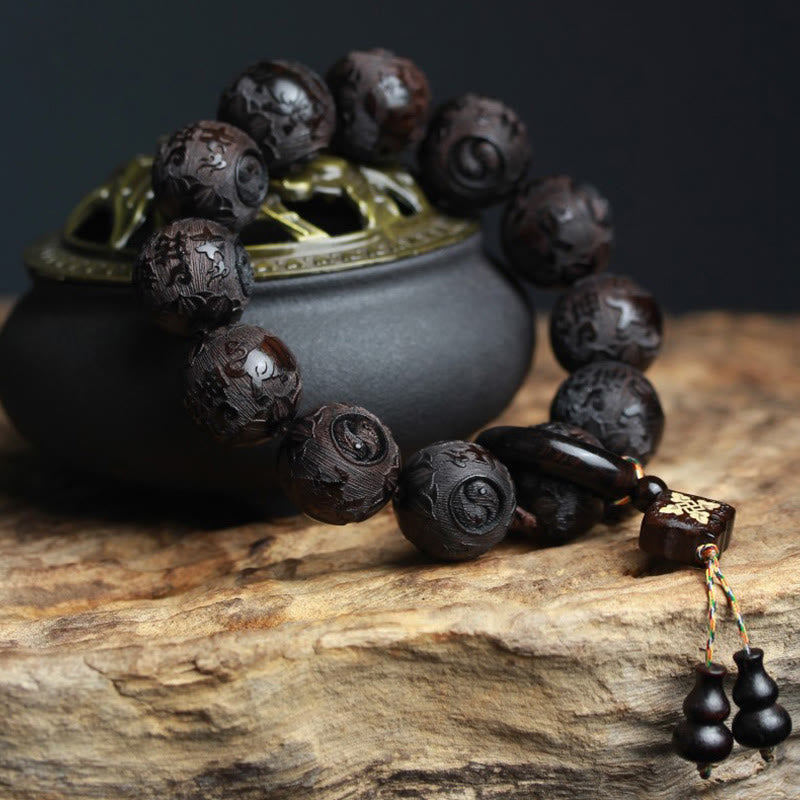 Nimara Ritual Ebony Wood Chinese Character Yin Yang Engraved Gourd Balance Bracelet
