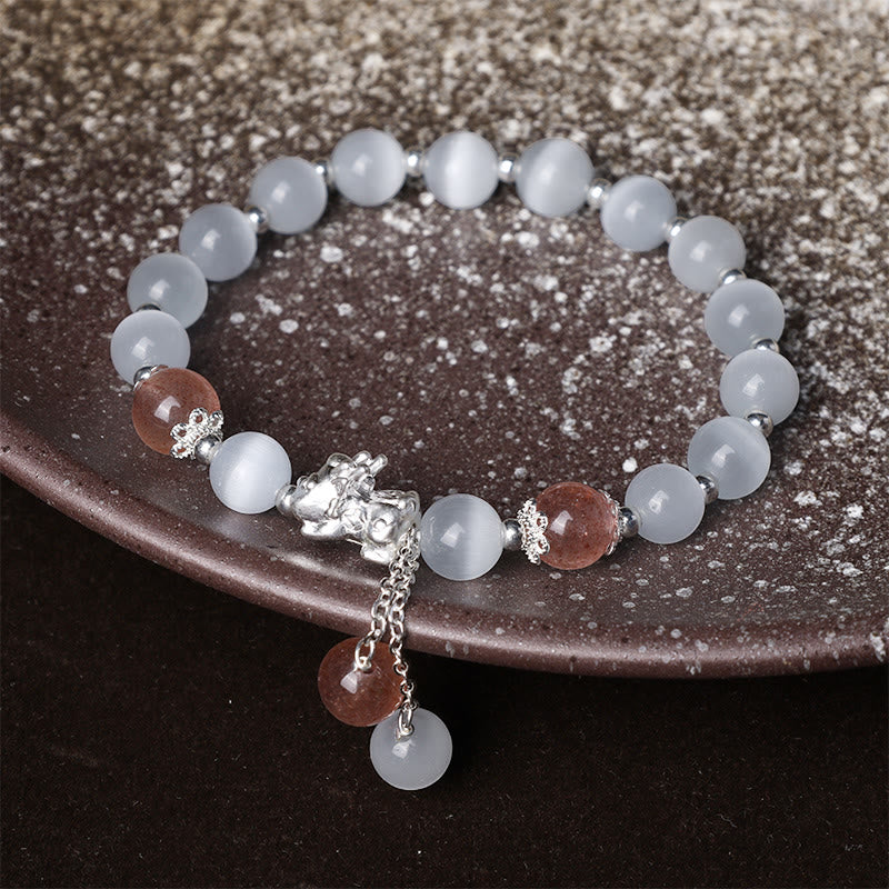 Nimara Ritual Natural Cat's Eye Moonstone Strawberry Quartz PiXiu Support Bracelet