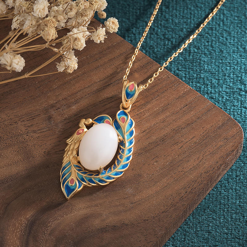 Nimara Ritual White Jade Peacock Copper Blessing Necklace Pendant