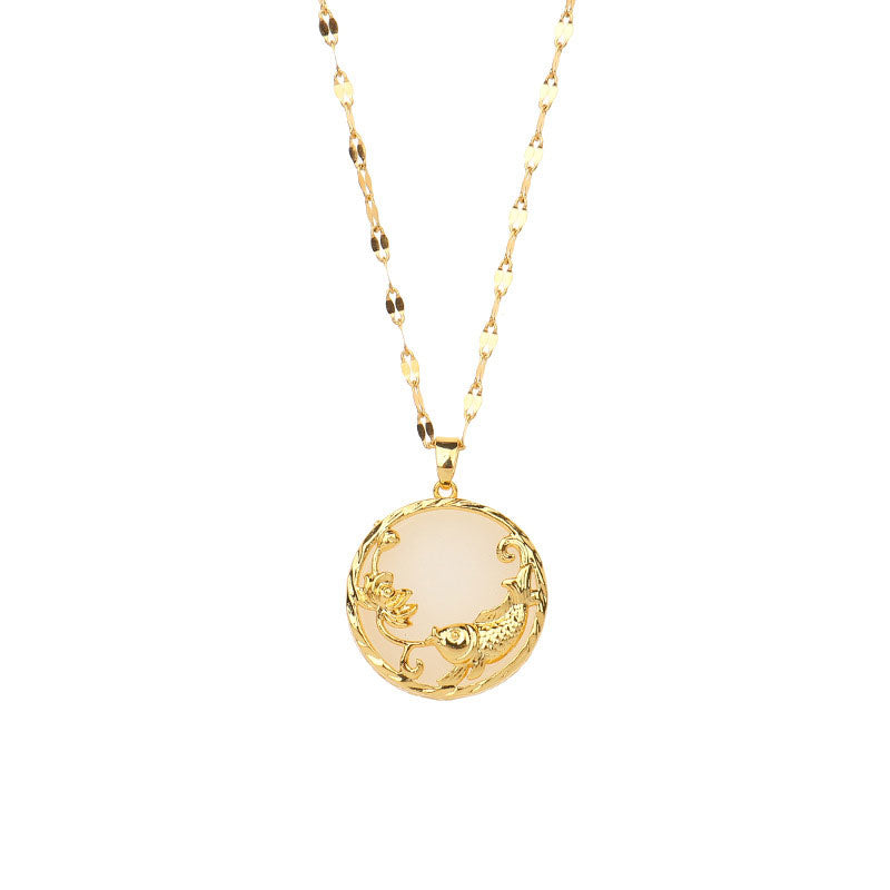 Nimara Ritual Natural Jade Koi Fish Lotus Luck Necklace Pendant