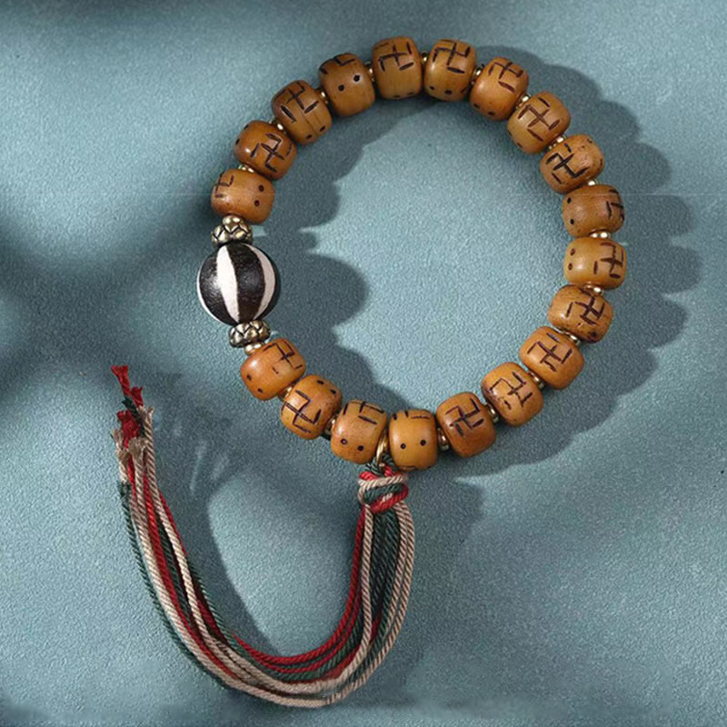 Nimara Ritual Natural Tibetan Camel Bone Swastika Dzi Bead Shankha Buddha Charm Kirtimukha Luck Protection Tassel Bracelet